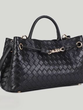 Black Woven Leather Tote Handbag